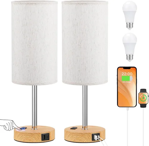 Vista 16 de Juego de 2 lámparas de mesa táctiles para dormitorio en blanco, lámparas de noche regulables de 3 niveles con puertos USB C y A, lámparas de mesita