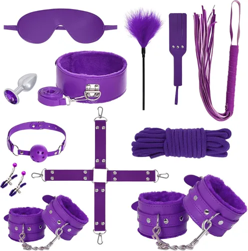 Vista 10 de Rbenxia 12 piezas de kits de restricciones BDSM Bondage para el sexo, esposas de fetiche, esposas de tobillo, collar, venda para los ojos, látigo