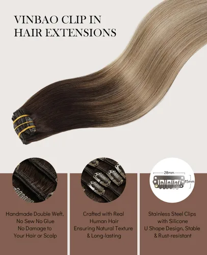 Vista 76 de VINBAO Extensiones de cabello humano con clip, balayage, color marrón ceniza a rubio caramelo, 14 pulgadas, 6 unidades, 3.53 onzas, 6