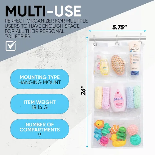 Vista 7 de Handy Laundry Cortina de ducha organizadora de baño -9 bolsillos- Perfecto para organizar el baño en casa, tus artículos de tocador y juguetes