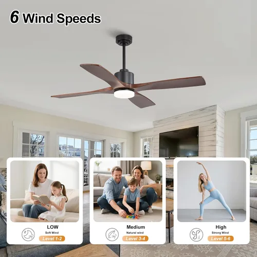Vista 3 de LEDLUX Ventiladores de techo de 48 pulgadas con luces, ventilador de techo moderno con luz, control remoto de 6 velocidades, 4 aspas de madera Negro