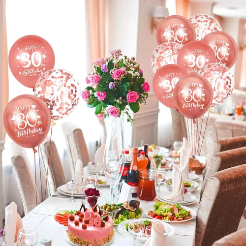 Vista 5 de Globos de látex de cumpleaños número 30, 15 globos de oro rosa con el texto en inglés "Happy 30th Birthday", globos de decoración de fiesta