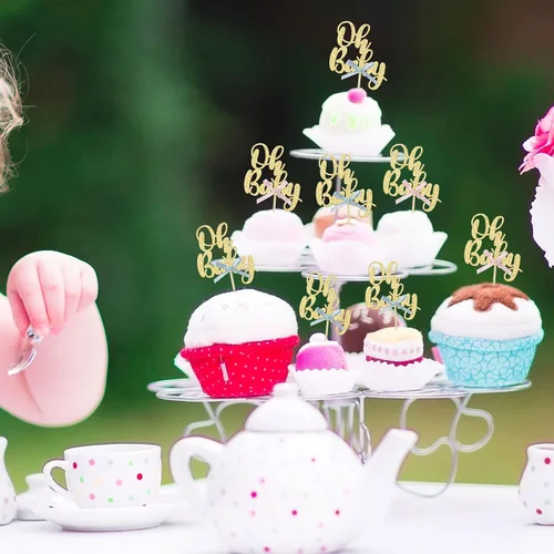 Vista 5 de Gyufise 36 piezas Adornos para cupcakes Oh Baby con moño azul y rosa, brillante dorado, adornos para cupcakes de baby shower, adornos para cupcakes