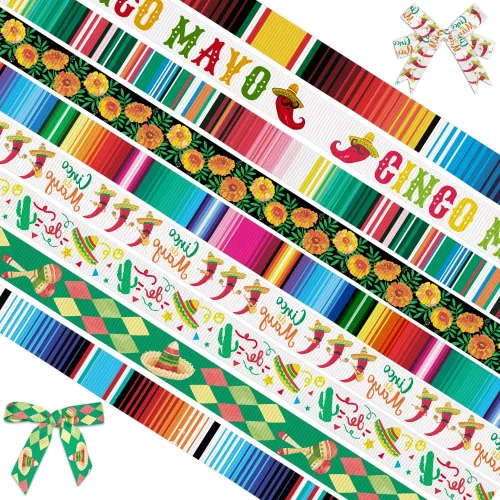 Vista 6 de 9 rollos de cinta para fiesta de 3/8 pulgadas, cinta de grogrén mexicano de serape mexicano, colorido, degradado, arcoíris, rayas, piñata, cactus