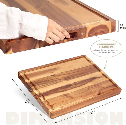 Vista 3 de Tabla de cortar de madera de acacia (17 x 13 x 1.5 pulgadas) y bloque de carnicero de madera, tabla de cortar, reversible multiusos para carne