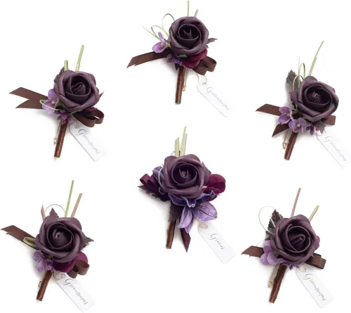 Vista 32 de Ling's Moment Boutonniere para Hombres Boda, Juego de 6, Novio y Padrinos Boutonniere para Boda Regreso a Casa Halloween Ceremonia Aniversario, Cena