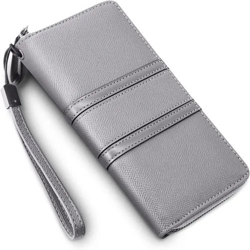 Vista 6 de Carteras con cremallera para mujer, de gran capacidad, cartera larga para chequera, cartera de mano con correa para la muñeca, Gris, Classic