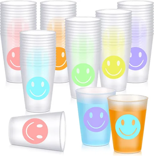 Vista 2 de Irenare 72 vasos de plástico reutilizables de 9 onzas con patrón de sonrisa, vasos de plástico para beber vasos pastel lindos vasos de plástico