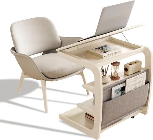Vista 14 de AQIMUELE Mesa auxiliar de madera en forma de C, escritorio de sofá con 2 ruedas con cerradura, mesa de sofá de 4 niveles con bolsa de Natural