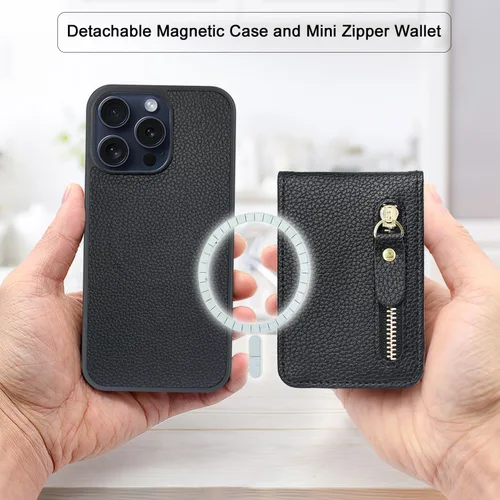 Vista 2 de Harryshell Funda magnética para iPhone 15 Pro compatible con carga inalámbrica MagSafe y MagSafe con bolsillo con cremallera para montaje