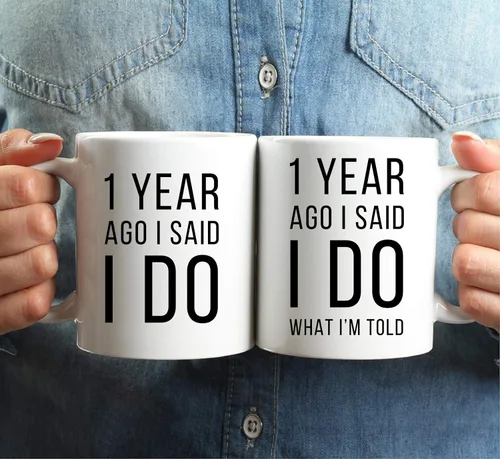 Vista 3 de Andaz Press Divertida taza de café de 11 onzas para parejas con texto en inglés "I Said I Do, I Said I Do What I'm Told", paquete de 2 con caja
