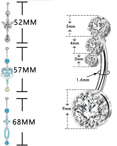 Vista 5 de Juego de 5 anillos para ombligo para mujer, de acero quirúrgico, barra brillante para ombligo, juego de anillos de ombligo sexy con diamantes