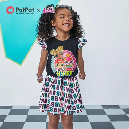 Vista 3 de L.O.L. Surprise! Girls Skirt Set 2Pcs Kid Girl Graphic Print Tie Knot Ruffle Sleeve Cotton Tee and Allover Print Skirt Set
