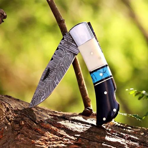 Vista 14 de Hawkbill, navaja plegable de bolsillo con hoja de acero curva, herramientas para electricistas, mango G10 negro y verde.