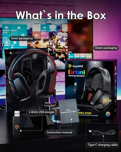 Vista 9 de EasySMX Grani C07W 2.4GHzBluetooth Auriculares inalámbricos para juegos con micrófono para PC, PS4, PS5, Mac, interruptor, auriculares Bluetooth