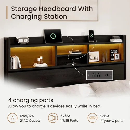 Vista 5 de BRELTAM Base de cama de almacenamiento tamaño Queen con 6 cajones, estación de carga USB, sin ruido, no requiere somier, cama de plataforma con Negro