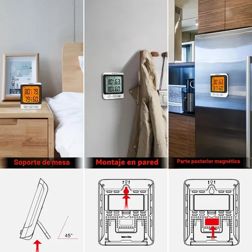 Vista 6 de Hidrómetro ThermoPro TP62 digital e inalámbrico para interior y exterior, medidor de temperatura y humedad con pantalla LCD de retroiluminación