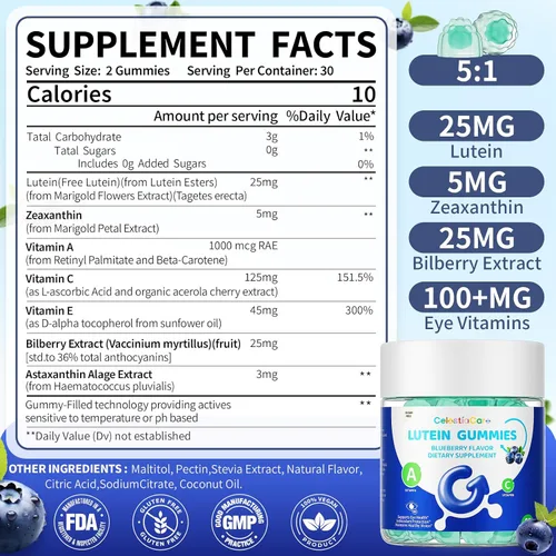 Vista 2 de Vitaminas oculares de luteína y zeaxantina, gomitas de arándano, astaxantina, vitaminas oculares para niños y adultos y apoyo de luz azul, salud