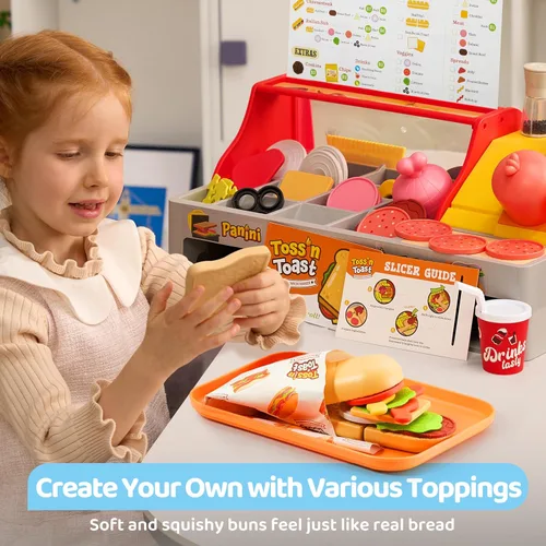 Vista 2 de Juguete de restaurante y comida de juego de simulación para niños, accesorios de cocina de juego incluyen sandwichera de juguete con rebanador
