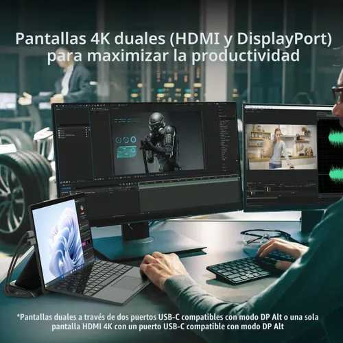 Vista 4 de j5create USB C Dual 4K60 Display Docking Station (12 en 1), M.2 incorporado