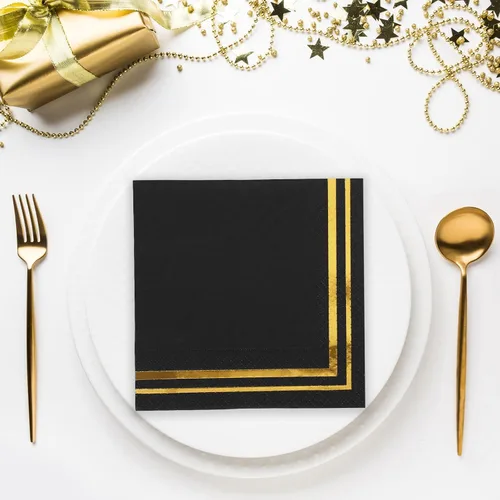 Vista 5 de Whaline 100 servilletas de cóctel doradas y negras, servilletas de papel de papel de aluminio dorado grueso desechable para postre para cumpleaños