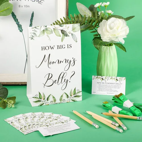Vista 47 de Sabary 64 Piezas Juegos de Baby Shower Incluyen Letrero How Big is Mommy's Belly Sign Measure Bump Game 50 Tarjetas 10 Lápices 3 Cintas Métricas
