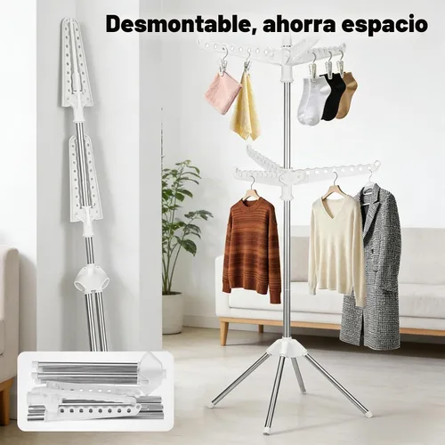 Vista 4 de Tendedero de secado de ropa giratorio y plegable de 2 capas de acero inoxidable de 75 pulgadas con 6 brazos giratorios, soporte independiente de 4