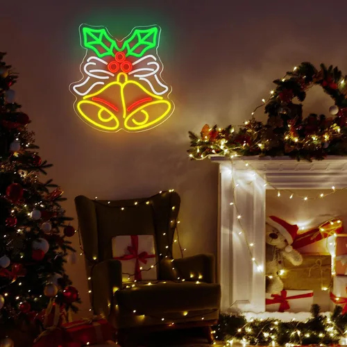 Vista 5 de Xuhal Letrero de neón de campana de Navidad, luces de neón de Navidad, señal LED iluminada por USB para decoración de pared, barra, sala de estar