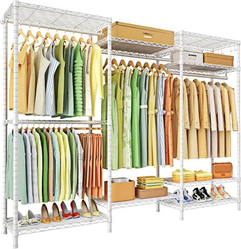 Vista 9 de Ulif E13 Perchero de Ropa de Servicio Pesado (Con 4 Barras Colgadoras y 8 Estantes) Percheros Independientes para Colgar Ropa, Organizador de Closet