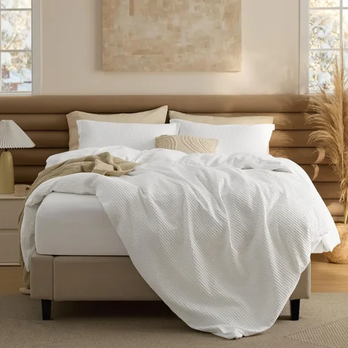 Vista 28 de Bedsure Funda de edredón de 100% algodón tamaño individual, tejido gofre, color blanco coco, GentleSoft y transpirable, juego de cama para regalo, 2