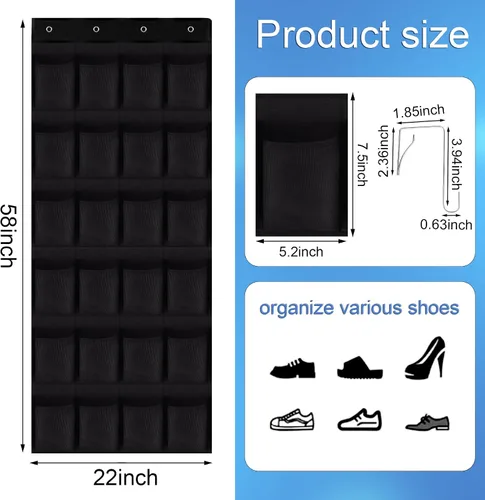 Vista 2 de Organizador de zapatos sobre la puerta, 24 bolsillos grandes de malla transpirable, soporte de almacenamiento colgante, organizador de zapatos Negro
