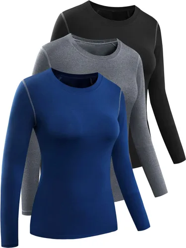 Vista 19 de CADMUS Paquete de 1 o 3 camisetas de entrenamiento de manga larga para mujer, camiseta de compresión de ajuste seco para correr