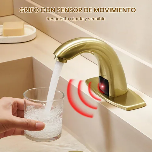 Vista 7 de Charmingwater Grifo de lavabo de baño sin contacto, grifo con sensor automático de movimiento con placa de cubierta de agujero, oro cepillado