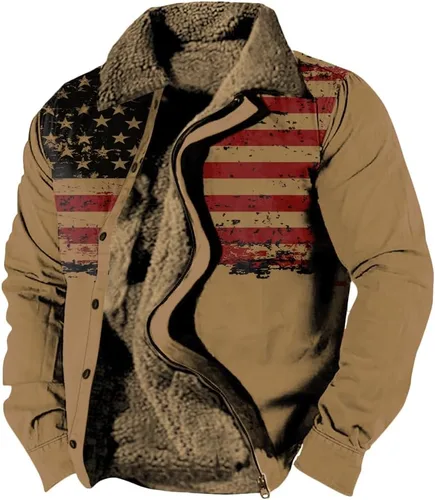 Vista 18 de LOAIHA Chaqueta de invierno para hombre, chaqueta de bandera estadounidense, abrigos occidentales para hombre, con cremallera, forro polar cálido