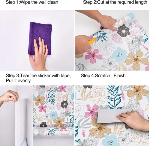 Vista 7 de Mecpar - Papel pintado floral de despegar y pegar - 17.71'' x 39.4 pies, flores perennes, impermeable, extraíble para baño o gabinete