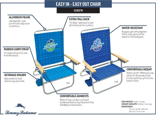 Vista 7 de Tommy Bahama 4-Position Easy in-Easy Out Folding Beach Chair 1 paquete azul.