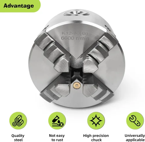 Vista 4 de RATTMMOTOR - Portabrocas de torno de 76 mm de 4 mandíbulas autocentrante de 3" K12-80mm, 6600R/Min 40N.m 10KN, Portabrocas de torno de precisión