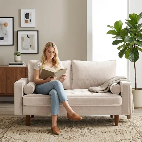 Vista 75 de Container Furniture - Sofá de piel sintética para la sala de estar moderna con cojines extraíbles y patas de madera maciza, sofá estilo lujoso