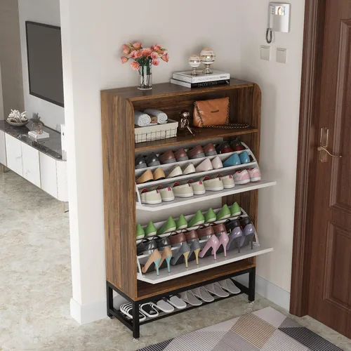 Vista 4 de TIYASE Armario de zapatos con 2 cajones abatibles, moderno armario de almacenamiento de zapatos para entrada, 28 pares de zapatero con estantes