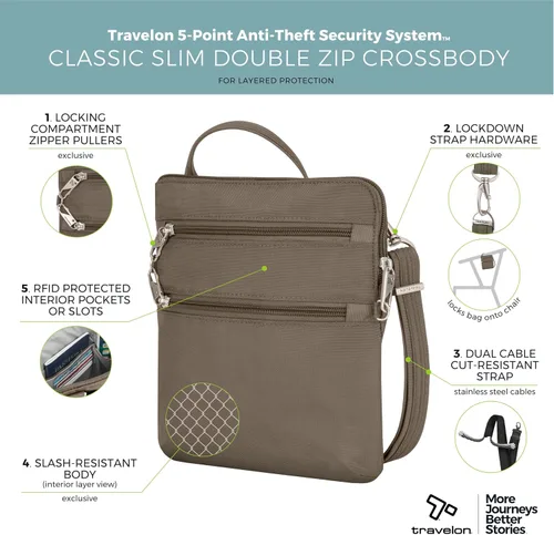 Vista 4 de Travelon - Bolso bandolera antirrobo clásico, doble cremallera, delgado