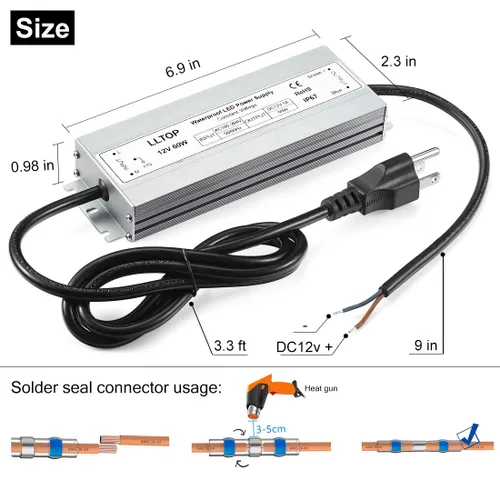 Vista 3 de LLTOP Controlador LED 60 Vatios Impermeable IP67 Fuente de Alimentación AC100-264V a 12V DC 5A Transformador de Bajo Voltaje Adaptador Ultra Delgado