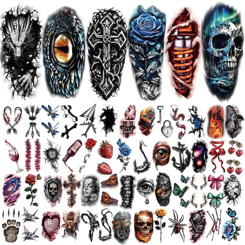Vista 2 de 77 hojas de tatuajes temporales realistas en 3D para adultos y niños, calavera de araña, tigre, león, dragón, serpiente, tatuajes temporales