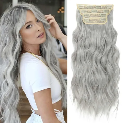 Vista 23 de 4 piezas de extensiones de cabello rizado con clip, color dorado oscuro, mezcla de rubio beige, sintético de 20 pulgadas de largo, extensiones