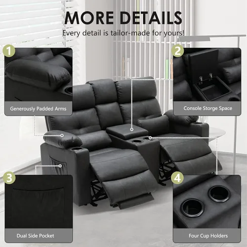 Vista 7 de Sofá Biplaza Reclinable Eléctrico con Consola, Sofá Biplaza Reclinable Eléctrico con Calor y Masaje, Reposapiés Extendido, Sofá Biplaza Reclinable