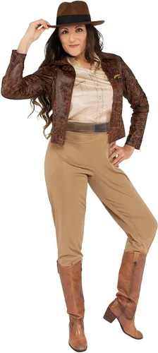 Vista 2 de Jazwares Disfraz de Indiana Jones para mujer, camisa y chaqueta con logotipo, pantalones, cinturón con hebilla y sombrero