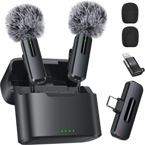 Vista 8 de Mini micrófono inalámbrico para iPhone, paquete de 2 micrófonos Lavalier para grabación de video, micrófono de solapa con reducción de ruido 2 en 1