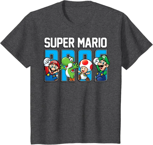 Vista 33 de Super Mario Bros Characters Letter Fill Graphic T-Shirt Camiseta, Negro