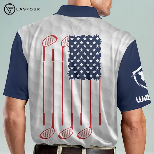 Vista 5 de LASFOUR Polo de golf personalizado divertido para hombre, orgulloso de golf, bandera estadounidense, polo patriótico 3D de golf para hombre