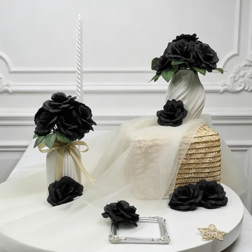 Vista 4 de Eternal Blossom 50 piezas de rosas negras artificiales, flor artificial con tallo, ramo de rosas para decoración, 3 pulgadas de flor falsa de seda