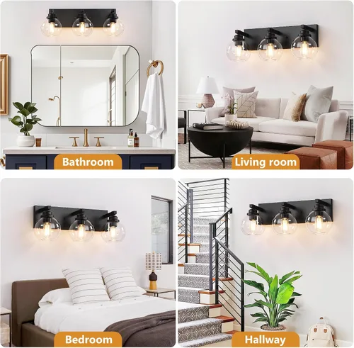 Vista 6 de LmnLvn Lámparas de baño, 3 luces de tocador de color negro mate, modernas lámparas de baño sobre espejo, luces de tocador de granja con pantalla